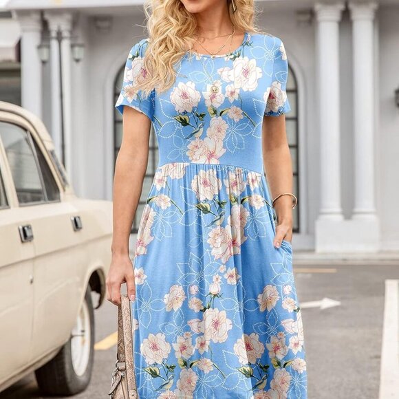 Women Summer Casual Short Sleeve Empire Waist Dress with Pockets Large - Picture 3 of 5